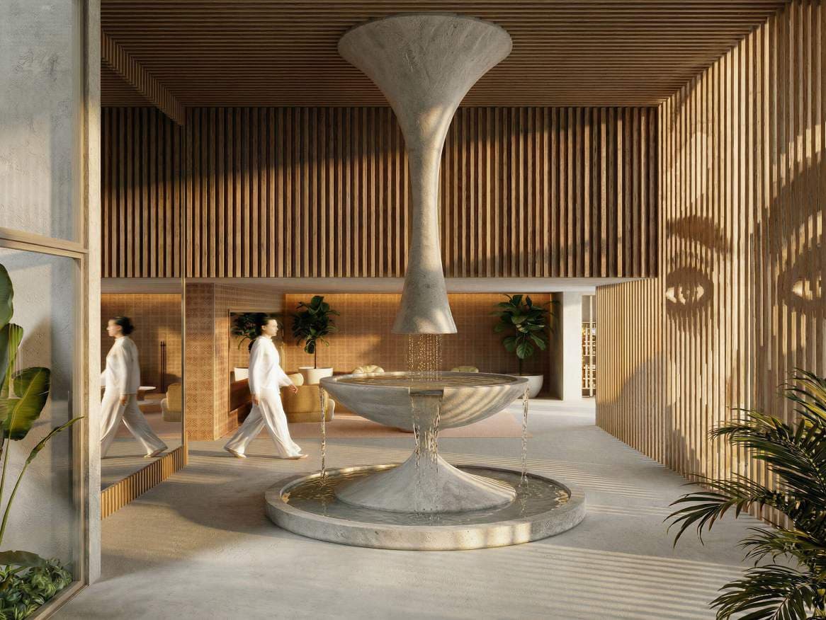 Hall de entrada do Vedá com tríade de água, estruturas suspensas e madeira