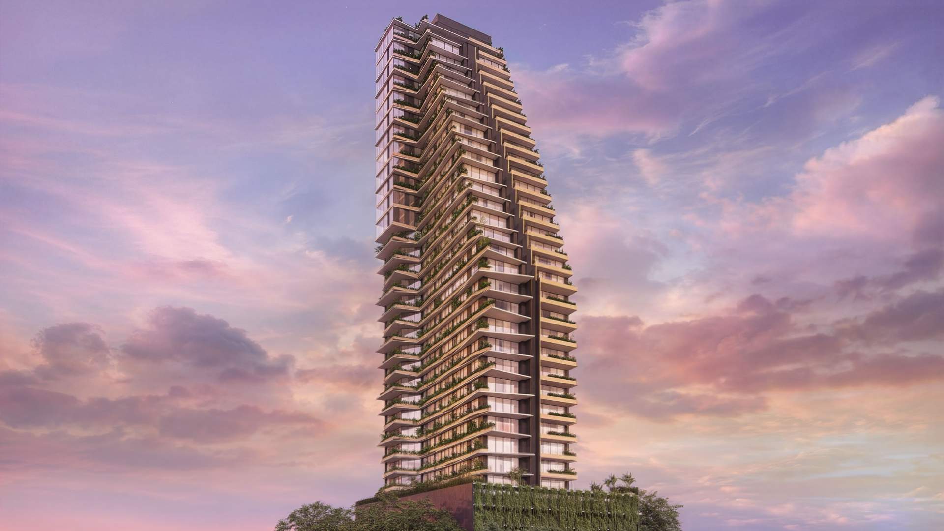 Vedá — torre residencial completa ao pôr-do-sol com varandas em vegetação, Itapema/SC