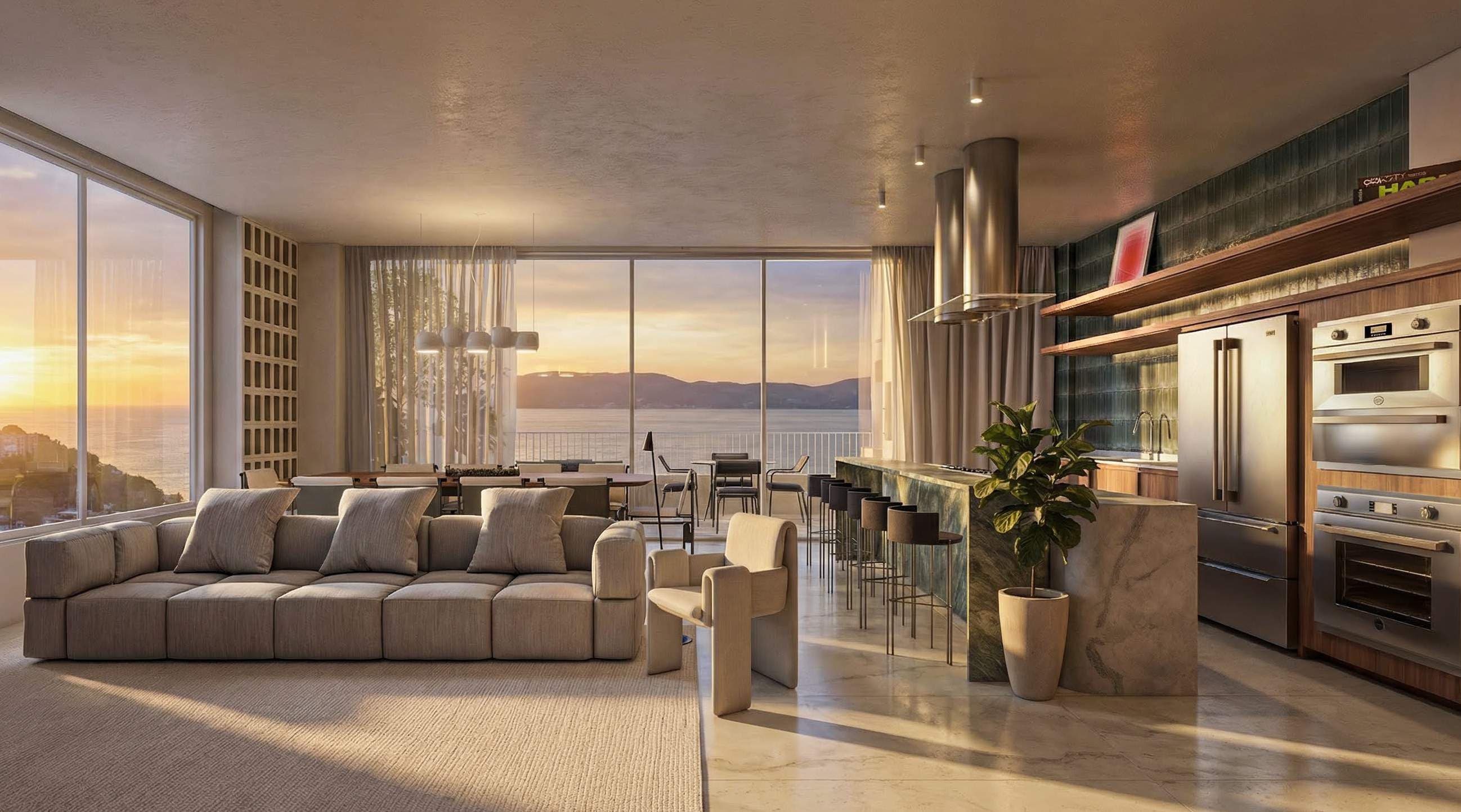 Living integrado frente mar do apartamento de 4 suítes 222m² do Vedá Itapema com vista panorâmica do oceano