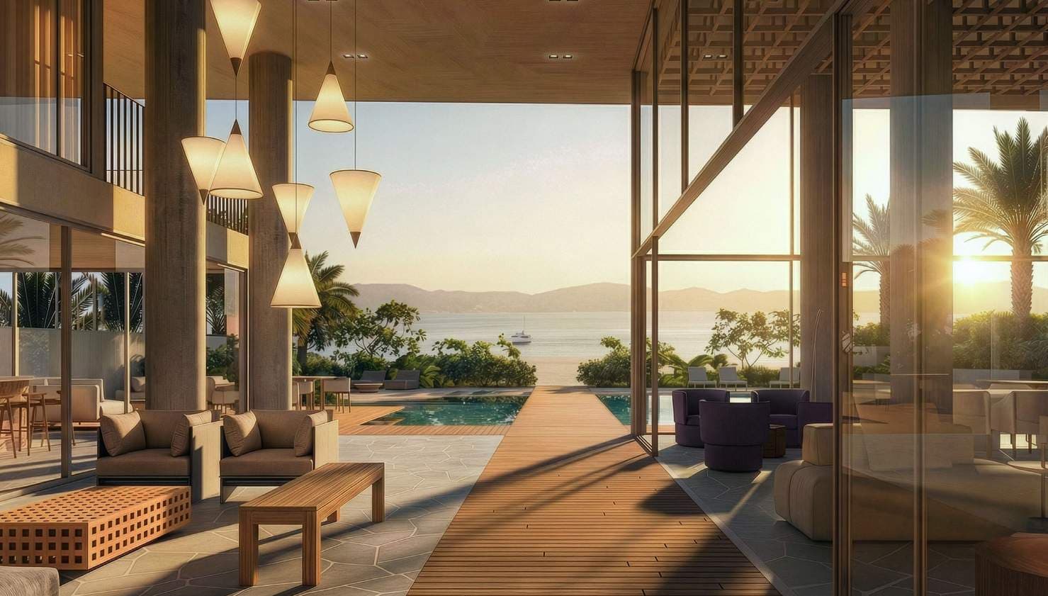 Lobby do Vedá com luz que atravessa materiais e transparências