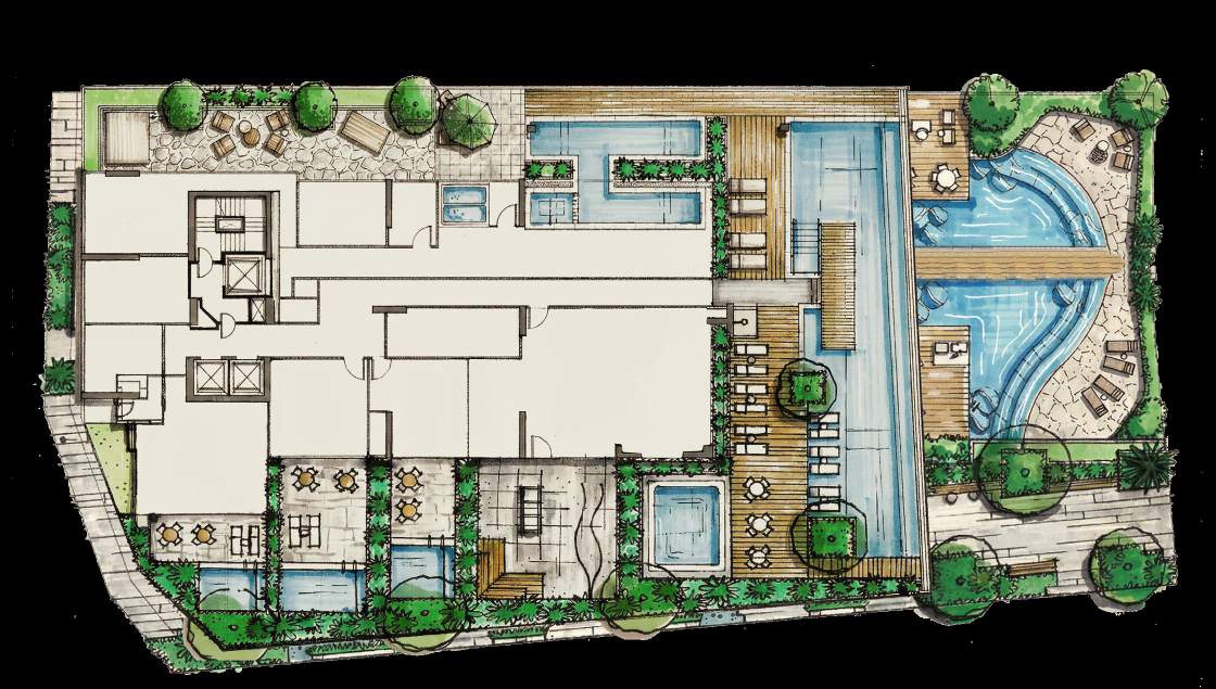 Planta do pavimento de lazer + wellness do Vedá com 22 ambientes