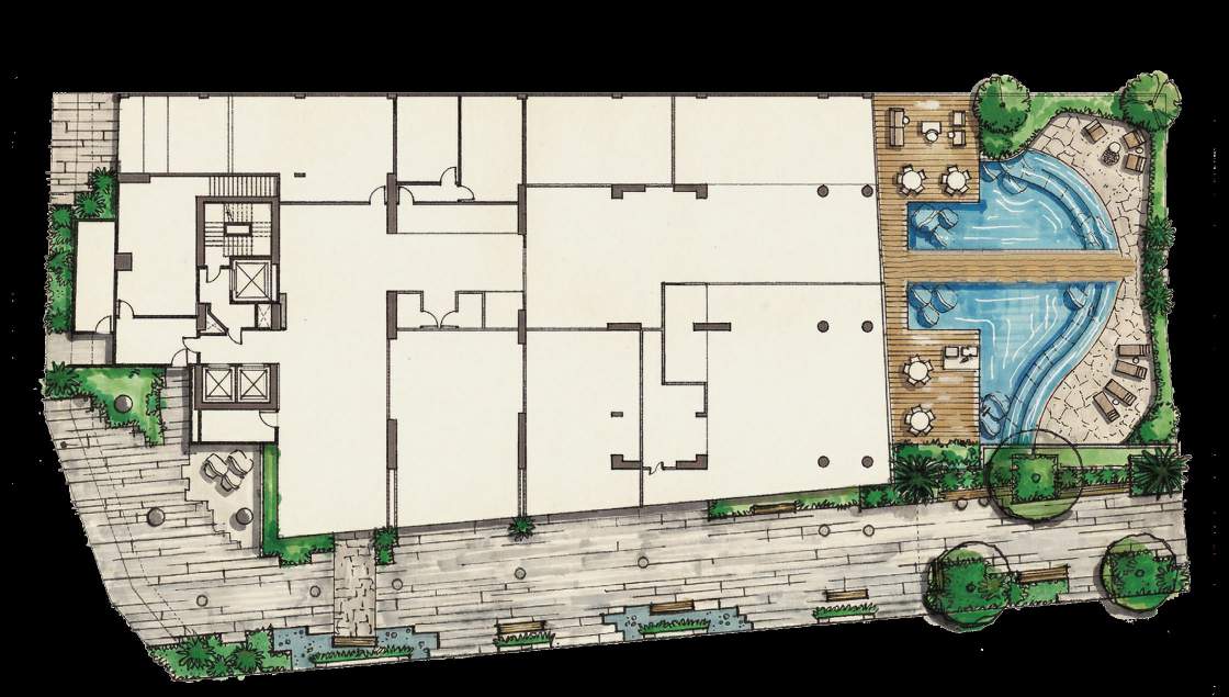 Planta do térreo + mezanino do Vedá com 14 ambientes