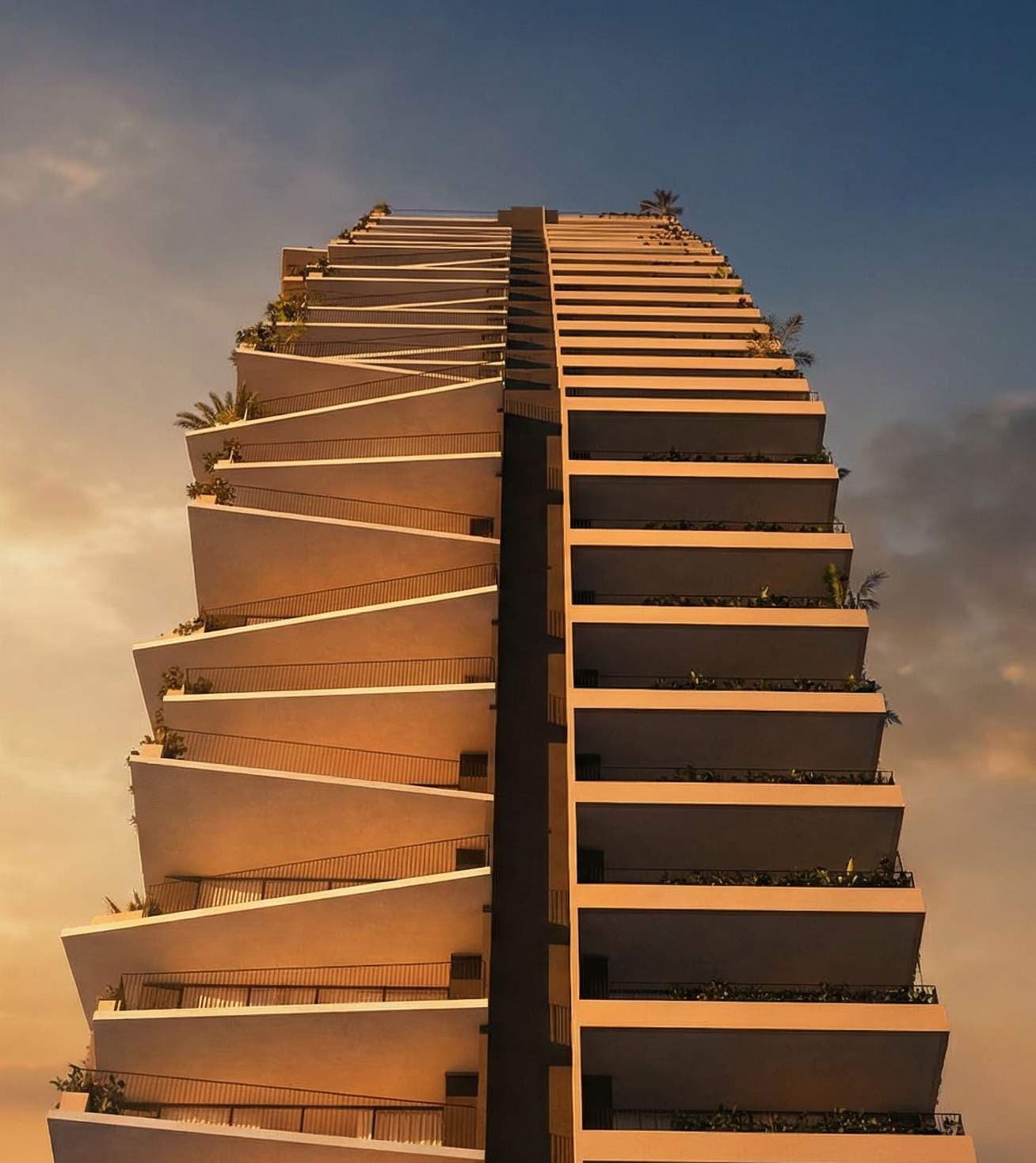 Detalhe arquitetônico da torre Vedá — fachada escultural com varandas em vegetação assinada por Troost+Pessoa Architects